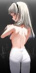  1girl arknights bangs bare_back breasts commentary_request cowboy_shot from_behind grey_hair highres irene_(arknights) long_hair looking_back pantyhose parted_lips raw_egg_lent scar scar_across_eye sideboob solo standing topless white_pantyhose 