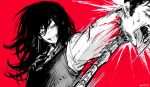  1boy 1girl absurdres black_hair black_ribbon chainsaw_man cross_scar dress greyscale highres holding holding_weapon kurenaiz1 limited_palette long_hair looking_at_another messy_hair mitaka_asa monochrome pinafore_dress red_background ribbon scar scar_on_cheek scar_on_face severed_head short_hair simple_background solo_focus spot_color tanaka_(chainsaw_man) tongue tongue_out weapon yoru_(chainsaw_man) 