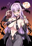  1girl absurdres bangs black_pantyhose blush breasts claw_pose demon_girl demon_horns demon_tail detached_sleeves fang full-face_blush green_eyes halloween harigane_shinshi highres horns jack-o&#039;-lantern large_breasts light_purple_hair low_wings navel open_mouth original pantyhose pointy_ears revealing_clothes sling_bikini_top solo speech_bubble tail trick_or_treat wings 