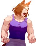  1girl abs animal_ears artist_name bangs blank_eyes brown_hair clenched_hands cowboy_shot hair_strand highres horse_ears horse_girl mukakin multicolored_hair muscular muscular_female open_mouth pectorals purple_tank_top short_hair simple_background solo streaked_hair tail tank_top tsurumaru_tsuyoshi_(umamusume) two-tone_hair umamusume umayuru veins veiny_arms white_background white_hair 