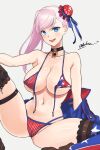  1girl absurdres alternate_costume american_flag_bikini american_flag_legwear artist_name bikini blue_eyes blue_jacket boots breasts brown_footwear cleavage dated fate/grand_order fate_(series) flag_print front-tie_bikini_top front-tie_top hair_bun highres jacket large_breasts long_hair looking_at_viewer miyamoto_musashi_(fate) miyamoto_musashi_(swimsuit_berserker)_(fate) navel odachu open_mouth pink_hair signature smile solo swimsuit untied untied_bikini 