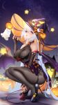  1girl :p bangs bare_shoulders between_legs black_bodysuit black_footwear blush bodysuit breasts bridal_gauntlets checkered_floor demon_tail demon_wings full_body ghost hair_between_eyes hand_between_legs hand_on_headwear hat high_heels highres jack-o&#039;-lantern large_breasts liu_liaoliao long_hair night night_sky original red_eyes sky solo squatting star_(symbol) tail tongue tongue_out twintails very_long_hair white_hair wings witch_hat 