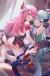  2girls :d arm_up armpits artist_name ass back bangs bare_shoulders black_gloves black_thighhighs blue_eyes blue_hair curtains dress gloves honkai_(series) honkai_impact_3rd horns indoors liliya_olenyeva long_hair looking_at_viewer mujinbensin multiple_girls navel no_shoes one_eye_closed pink_hair purple_eyes rozaliya_olenyeva siblings single_horn sleeveless sleeveless_dress smile soles tail thighhighs twins white_thighhighs window 