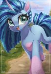  blue_body blue_eyes blue_fur blue_hair cornrows curled_hair equid equine female freckles fur hair hasbro hi_res hooves horn mammal misty_(g5) mlp_g5 my_little_pony open_mouth open_smile pink_body pink_fur puyohh smile solo unicorn 