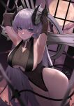  1girl armpits arms_behind_head azur_lane black_leotard clothing_cutout covered_navel crescent_moon cross curled_horns demon_horns demon_tail elbow_gloves gloves gneisenau_(azur_lane) gneisenau_(nightmarish_succubus)_(azur_lane) grey_hair halloween_costume highleg highleg_leotard highres horns leotard long_hair moon official_alternate_costume oregano_(olgn_eao) tail underboob_cutout 