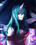  1girl :d aqua_hair arknights armor backlighting bangs breastplate breasts grin hannya highres holding holding_shield horns hoshiguma_(arknights) large_breasts long_hair looking_at_viewer neon_lights night oni_horns outdoors parted_lips peppsi_(saba_sabasuk0) shield single_horn skin-covered_horns sleeveless smile solo upper_body yellow_eyes 