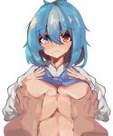  1boy 1girl blue_eyes blue_hair blush breast_grab breasts grabbing hair_between_eyes heterochromia large_breasts long_sleeves looking_at_viewer parted_lips pov red_eyes short_hair simple_background solo_focus spy_(user_jxcc8553) tatara_kogasa touhou white_background 