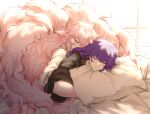  2girls absurdres alielerart animal_ear_fluff animal_ears bangs blush closed_eyes closed_mouth english_commentary eyelashes floppy_ears fluffy fox_ears fox_tail futon genshin_impact highres mole mole_under_eye multiple_girls multiple_tails pillow pink_hair purple_hair raiden_shogun shouji sidelocks sleeping sliding_doors smile tail yae_miko 