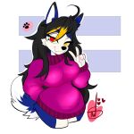  anthro belly big_breasts blue_body blue_fur breasts canid canine canis chubby_female clothing curled_tail curvy_figure domestic_dog female fur gesture hair heterochromia hi_res husky hybrid long_hair looking_at_viewer mammal nordic_sled_dog overweight pantsless pink_clothing pink_sweater pink_topwear slightly_chubby solo solo_focus spitz sweater teeth temporarywizard thick_thighs topwear v_sign wide_hips wolfdog 