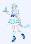  1girl absurdres alternate_costume animal_ears apron blue_dress blue_eyes blue_hair blue_socks collared_dress dress ear_covers food full_body hair_over_one_eye highres holding holding_tray horse_ears horse_girl horse_tail ice_cream k.s.miracle_(umamusume) kneehighs looking_at_viewer maid_apron maid_headdress medium_hair nayuta_ggg open_mouth roller_skates short_sleeves skates smile socks solo sundae tail tray umamusume wrist_cuffs 