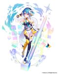  1girl asymmetrical_legwear bangs blue_hair breasts character_request full_body glitter hair_between_eyes hair_ornament hat highres medium_breasts mismatched_legwear palmie puffy_sleeves red_eyes saine short_hair skirt solo stylus white_background 