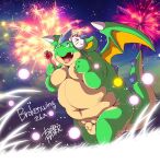  2022 absurd_res anthro apple balls belly big_belly brokenwing candy candy_apple chibineco countershading dessert dragon fangs fireworks food genitals green_body green_scales hi_res japanese_text kabuki_mask kemono looking_up male mask micropenis moobs navel night night_sky nipples nude outside overweight overweight_male penis scales signature small_penis smile solo spiked_wings spines text wings 