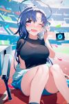  1girl ;d black_shirt blew_andwhite blue_archive blue_hair blue_jacket blush bottle breasts commentary_request halo highres holding holding_bottle jacket large_breasts long_hair looking_at_viewer one_eye_closed purple_eyes shirt signature sitting smile solo stadium sweat track_and_field_tracer track_jacket water_bottle yuuka_(blue_archive) yuuka_(gym_uniform)_(blue_archive) 