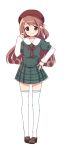  1girl bangs beret blush brown_footwear brown_hair brown_headwear brown_ribbon buttons dot_nose full_body green_shirt green_skirt hairstyle_request hand_on_hip hand_up hat jewelry layered_sleeves loafers long_hair long_sleeves looking_at_viewer magia_record:_mahou_shoujo_madoka_magica_gaiden mahou_shoujo_madoka_magica miniskirt neck_ribbon one_side_up pigeon-toed plaid plaid_skirt pleated_skirt pocket puffy_short_sleeves puffy_sleeves ribbon ring ruru_(rurumagi) satomi_touka school_uniform shirt shoes short_over_long_sleeves short_sleeves sidelocks simple_background skirt smile solo split_mouth st._liliana&#039;s_academy_school_uniform standing swept_bangs thighhighs transparent_background very_long_hair white_sleeves white_thighhighs wing_collar 
