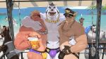  abs alcohol bara bear_boy beard beer beer_mug bernard_(gyee) blonde_hair bottle bulge bulletproof_vest chain chain_necklace closed_eyes cup dog eyepatch facial_hair fang fingerless_gloves furry furry_male gloves gyee highres hug jewelry large_pectorals leather looking_at_another male_focus male_swimwear manly markus_(gyee) mug multiple_boys muscular muscular_male navel necklace nipples no_pants ocean open_mouth outdoors pectorals santos_(gyee) scar scar_on_arm scar_on_chest short_hair smile spiked_hair sunglasses swim_briefs tan tanlines teeth thick_arms thick_eyebrows tiger_boy tongue tooboshoo topless_male water yellow_eyes 