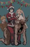  1girl 1other 2boys all_fours animal_costume antlers belt black_hair blonde_hair bored brown_shirt carrying chainsaw_man christmas coat cross-shaped_pupils crossed_arms cyclops denji_(chainsaw_man) fake_antlers future_devil_(chainsaw_man) hair_ornament hairclip hat hayakawa_aki highres horns jacket long_hair looking_at_viewer medium_hair multiple_boys nakano_(2_mannaka) one-eyed pants party_hat piggyback pink_hair power_(chainsaw_man) red_headwear red_horns red_jacket red_nose red_pants reindeer_antlers reindeer_costume santa_costume santa_hat sharp_teeth shirt short_hair sitting sitting_on_person teeth tongue tongue_out twintails white_coat yellow_eyes 