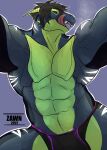  absurd_res anthro bulge clothed clothing dragon hair hi_res jockstrap licking licking_lips male muscular muscular_anthro muscular_male pecs scalie simple_background smile tongue tongue_out underwear western_dragon zack_talon zawn 