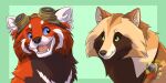  2:1 ailurid ambiguous_gender artist_logo blue_eyes canid canine duo eye_contact eyewear feral fur goggles green_eyes logo looking_at_another mammal mouth_closed multicolored_body multicolored_fur oganer open_mouth raccoon_dog red_panda snout teeth tongue watermark 