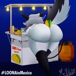  1:1 2022 absurd_res anthro big_butt butt canid canid_demon clothing demon female food fur grey_hair hair hellhound helluva_boss hi_res huge_butt ketchup legwear light_bulb loona_(helluva_boss) loona_in_mexico mammal mrmelted mustard propane_tank sleeping solo sound_effects taco text white_body white_fur zzz 