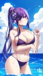  1girl absurdres beach bikini bikini_pull breasts cleavage clothes_pull covered_nipples dripping genshin_impact hair_ornament highres in_water large_breasts looking_at_viewer navel outdoors ponytail purple_bikini purple_eyes purple_hair purple_nails raiden_shogun solo standing swimsuit thick_thighs thighs underboob wet yuki_(o2) 