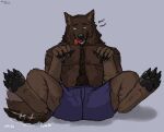  anthro body_hair brown_body brown_fur canid canine clothed clothing fur happy happy_trail humanoid looking_pleasured male mammal partially_clothed pawpads paws saerixdurr solo were werecanid werecanine werewolf 