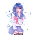  1girl bangs black_thighhighs blue_eyes blue_flower blue_hair blue_sailor_collar blue_skirt bow bowtie danganronpa:_trigger_happy_havoc danganronpa_(series) flower flower_over_mouth hair_between_eyes hair_ornament hairclip hand_up highres ling_zhu_wan long_hair long_sleeves looking_at_viewer maizono_sayaka miniskirt petals pink_bow pink_bowtie pleated_skirt sailor_collar school_uniform shirt simple_background skirt solo thighhighs white_background white_shirt 