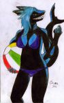  2022 5_fingers absurd_res anthro ball beach_ball bikini black_body black_skin blue_body blue_hair blue_skin clothing crown_(artist) female fingers fish hair hi_res inflatable looking_at_viewer marine multicolored_body shark sharp_teeth signature solo swimwear teeth traditional_media_(artwork) 