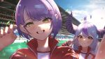  2girls absurdres ahoge blurry blurry_background blush closed_mouth day demon_horns ear_piercing green_eyes grey_hair grin hair_ornament hand_up highres hololive horns jacket long_hair multicolored_hair multiple_girls outdoors piercing pointy_ears purple_hair purple_nails red_jacket senriyama short_hair smile stadium streaked_hair sweat tokoyami_towa v v-shaped_eyebrows virtual_youtuber x_hair_ornament yellow_eyes 