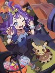  +_+ 1boy 1girl acerola_(pokemon) allister_(pokemon) basket blush candy dress fake_wings fangs food gengar ghost_pose halloween hat highres inana_umi long_sleeves looking_at_viewer mimikyu mini_hat one_eye_closed open_mouth pokemon pokemon_(creature) pokemon_(game) pokemon_sm pokemon_swsh pov pov_hands purple_hair smile string_of_flags torn_clothes torn_dress wings zorua 