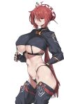 1girl bottomless breasts chaps fingerless_gloves flower gloves hair_bun hair_flower hair_ornament hair_stick hand_on_hip highres large_breasts original red_eyes red_hair revealing_clothes scarf short_hair single_hair_bun solo standing stomach thong underboob urec white_background 