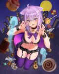  1girl :d absurdres ahoge animal_collar animal_ear_fluff animal_ears bangs bikini bikini_top_only black_cape black_collar black_footwear black_garter_straps black_nails blush breasts building candy cape cat_ears cat_girl cat_tail claw_pose cleavage collar cookie crossed_bangs fang food full_moon ghost hair_between_eyes halloween halloween_costume highres hololive large_breasts lollipop looking_at_viewer moon navel nekomata_okayu night no_shoes onigiri onigirya_(nekomata_okayu) open_mouth orange_nails panties purple_eyes purple_hair purple_nails purple_panties purple_thighhighs short_hair short_shorts shorts smile solo swimsuit tail thighhighs torakichi_888 underwear virtual_youtuber wrist_cuffs 