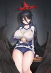  1girl bench black_choker black_hair black_wings blue_archive blush breasts choker collarbone gym_shorts gym_uniform hair_between_eyes halo hasumi_(blue_archive) hasumi_(gym_uniform)_(blue_archive) high_ponytail highres huge_breasts jacket large_wings locker long_hair looking_at_viewer official_alternate_costume partially_unzipped ponytail raised_eyebrows red_eyes shadow shadow_cat_(u9nej2qzq9vzxcf) short_shorts shorts sitting solo sweatdrop taut_clothes thighs track_jacket unzipping very_long_hair whistle whistle_around_neck wings 