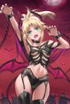  1girl arm_up armpits bangs bare_shoulders black_thighhighs blonde_hair braid breasts collarbone demon_girl demon_horns demon_wings fate/apocrypha fate_(series) french_braid green_eyes halloween_costume highres horns long_hair looking_at_viewer mordred_(fate) mordred_(fate/apocrypha) navel open_mouth parted_bangs ponytail sidelocks small_breasts solo teeth thighhighs thighs tonee wings 