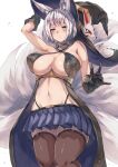  1girl alexi_oekaki alternate_costume animal_ears arm_up azur_lane bangs bare_shoulders black_gloves black_headwear black_panties blue_eyes blue_skirt blush breasts brown_thighhighs cleavage closed_mouth fox_ears fox_girl fox_mask fox_tail gloves gold_choker grey_hair hat highleg highleg_panties highres kaga_(azur_lane) large_breasts large_hat looking_at_viewer mask mask_on_hat miniskirt multiple_tails navel panties pleated_skirt short_hair simple_background skirt solo tail thighhighs thighs underwear white_background witch_hat 