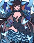  1girl black_hair blue_eyes blue_fire boots bouquet breasts bug butterfly dress elbow_gloves fate/grand_order fate_(series) fire gloves hacco_mayu hands_on_own_chest hat highres large_breasts long_hair signature thigh_boots very_long_hair yang_guifei_(fate) yang_guifei_(third_ascension)_(fate) 