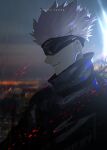  1boy black_jacket blindfold blurry blurry_background copyright_name facing_to_the_side gojou_satoru jacket jujutsu_kaisen jujutsu_tech_uniform light_particles light_smile medium_hair night otsumami_(bu-bu-heaven) popped_collar solo spiked_hair white_hair 