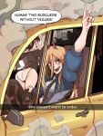  2girls absurdres alpha_transparency ass assisted_exposure black_hair blonde_hair car chainsaw_man clothes_pull commentary_request demon_horns driving ground_vehicle hand_up he_wants_to_order_(meme) higashiyama_kobeni highres horns kobeni&#039;s_car_(chainsaw_man) kreadorsito looking_at_viewer making-of_available meme motor_vehicle multiple_girls necktie open_mouth paid_reward_available panties pants pants_pull power_(chainsaw_man) sharp_teeth smoke spanish_commentary speech_bubble sweatdrop teeth underwear v white_panties window 