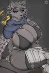  2022 anthro big_breasts blaidd_(elden_ring) breasts canid canine canis clothed clothing crossgender digital_media_(artwork) elden_ring fangs female fromsoftware fur hair hi_res huge_breasts looking_at_viewer mammal scar simple_background solo thick_thighs video_games wide_hips wolf zomboyde 