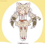  1girl animal_costume animal_ear_fluff animal_ears bow bowtie cat_ears cat_girl cat_tail coroha extra_ears geoffroy&#039;s_cat_(kemono_friends) grey_hair jumping kemono_friends kemono_friends_v_project kneehighs long_hair microphone ribbon shirt shoes simple_background skirt socks solo suspenders tail twintails virtual_youtuber 