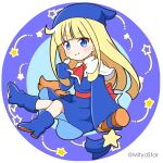  1girl bangs blonde_hair blue_background blue_dress blue_eyes blue_footwear blue_headwear blunt_bangs boots broom broom_riding capelet closed_mouth commentary_request dress full_body hand_up long_hair long_sleeves mitya puyopuyo round_image sleeves_past_wrists smile solo starry_background twitter_username two-tone_background very_long_hair white_background white_capelet wide_sleeves witch_(puyopuyo) 