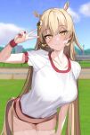  1girl animal_ears arm_up bangs blonde_hair blue_sky blurry blurry_background breasts buruma cloud collarbone commentary_request day depth_of_field grass groin gym_shirt gym_uniform hair_between_eyes hair_ornament heart heart_hair_ornament highres horse_ears horse_girl horse_tail kanzarin kemonomimi_mode leaning_forward long_hair medium_breasts midriff nail_polish nijisanji nui_sociere outdoors puffy_short_sleeves puffy_sleeves red_buruma red_nails shirt short_sleeves skindentation sky solo tail thighhighs v very_long_hair virtual_youtuber white_shirt white_thighhighs yellow_eyes 