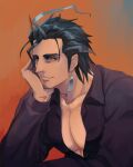  1boy bara black_shirt blue_hair closed_mouth collared_shirt commentary dark_blue_hair earrings facial_hair goatee hand_on_own_chin head_rest jewelry large_pectorals long_sideburns looking_at_viewer male_focus muscular muscular_male orange_background partially_unbuttoned pectoral_cleavage pectorals shirt short_hair sideburns smile solo stubble take_(zn_105) tassel tassel_earrings tokyo_afterschool_summoners tsukuyomi_(housamo) upper_body yellow_eyes 