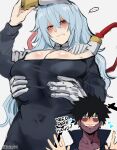  ... 1boy 1girl absurdres bare_shoulders black_dress black_hair blue_eyes blush boku_no_hero_academia breast_grab breast_squeeze breasts burn_scar cleavage dabi_(boku_no_hero_academia) disembodied_limb dress dry_lips ear_piercing embarrassed genderswap genderswap_(mtf) grabbing grey_hair highres kurenaiz1 large_breasts long_hair looking_at_viewer medium_hair messy mole mole_under_mouth open_mouth piercing popped_collar red_eyes scar scar_across_eye shigaraki_tomura simple_background twitter_username white_background 