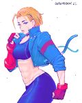  1girl abs absurdres antenna_hair blonde_hair blue_eyes blue_jacket blue_pants blue_sports_bra breasts cammy_white choker clenched_hand cropped_jacket fingerless_gloves gloves highres jacket medium_breasts midriff muscular muscular_female pants quasimodox red_gloves scar scar_on_cheek scar_on_face short_hair single_vambrace solo sports_bra street_fighter street_fighter_6 thick_thighs thighs vambraces yoga_pants 