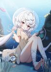  1girl :o absurdres air_bubble animal ass bandaged_leg bandages bangs barefoot blush bubble commentary_request day fish full_body grey_hair hair_between_eyes halo highres jiu_(sdesd3205) long_hair original outdoors parted_lips red_eyes soles solo twintails underwater very_long_hair water 