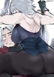  1boy 1girl absurdres ass assertive_female back backless_outfit black_pants black_shirt blush breasts dante_(devil_may_cry) devil_may_cry_(series) genderswap genderswap_(mtf) grey_eyes grey_hair highres holding holding_sword holding_weapon huge_ass incest jacket katana kurenaiz1 large_breasts long_hair looking_at_another looking_down looking_up pants red_jacket shirt short_hair simple_background sitting sitting_on_person sleeveless sword tight twitter_username vergil_(devil_may_cry) weapon white_background 