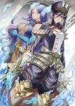  2girls absurdres armor black_jacket black_pants blue_dress blue_eyes blue_gloves blue_hair breasts brighid_(xenoblade) brown_hair cleavage cleavage_cutout closed_eyes closed_mouth clothing_cutout dress dual_wielding elbow_gloves gloves hair_between_eyes highres holding holding_sword holding_weapon jacket long_hair long_sleeves looking_at_viewer military military_uniform morag_ladair_(xenoblade) multiple_girls okurasato pants sword uniform weapon white_gloves xenoblade_chronicles_(series) xenoblade_chronicles_2 yellow_eyes 