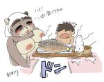  68_(artist) age_difference anthro areola big_breasts blush breasts brown_body brown_fur canid canine curvy_figure female food fur huge_breasts human japanese_text mammal mature_female nipples nude older_female raccoon_dog smile solo tanuki text thick_thighs voluptuous wide_hips 
