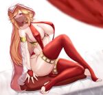  1girl absurdres ass azur_lane bangs bare_shoulders blonde_hair blush breasts cleavage dancer detached_sleeves highres jewelry large_breasts leggings long_hair looking_at_viewer mouth_veil musanix red_eyes red_leggings red_nails richelieu_(azur_lane) solo stomach veil white_background white_headwear 
