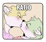  ambiguous_gender anthro blush blush_lines clothing duo ears_down eyes_closed flat_colors french_kissing hi_res inner_ear_fluff kifyun2 kissing lemon(kifyun2) lime(kifyun2) lutrine mammal meme mustelid pivoted_ears simple_background text tuft 